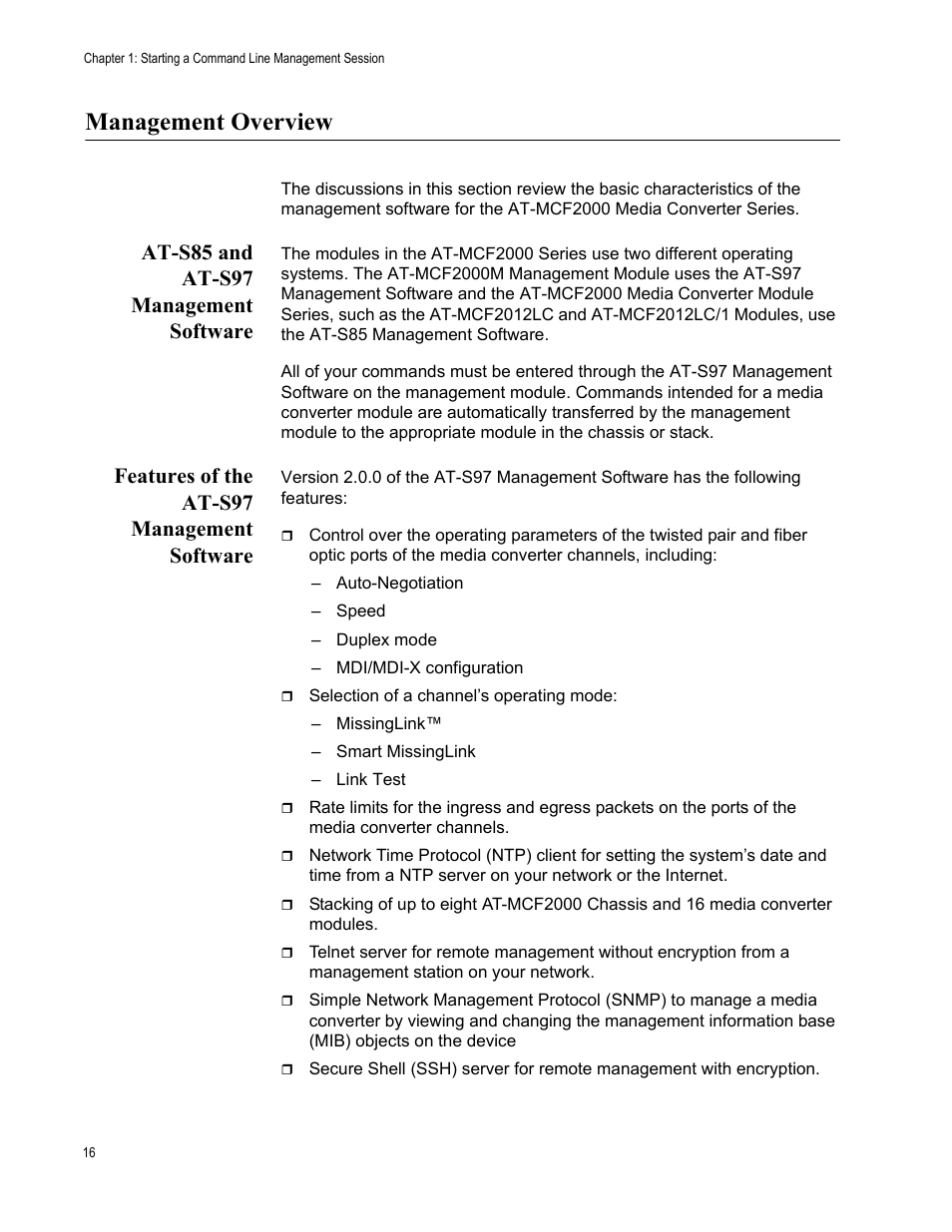 Management overview, At-s85 and at-s97 management software, Features of the at-s97 management software | Allied Telesis AT-S97 User Manual | Page 16 / 254