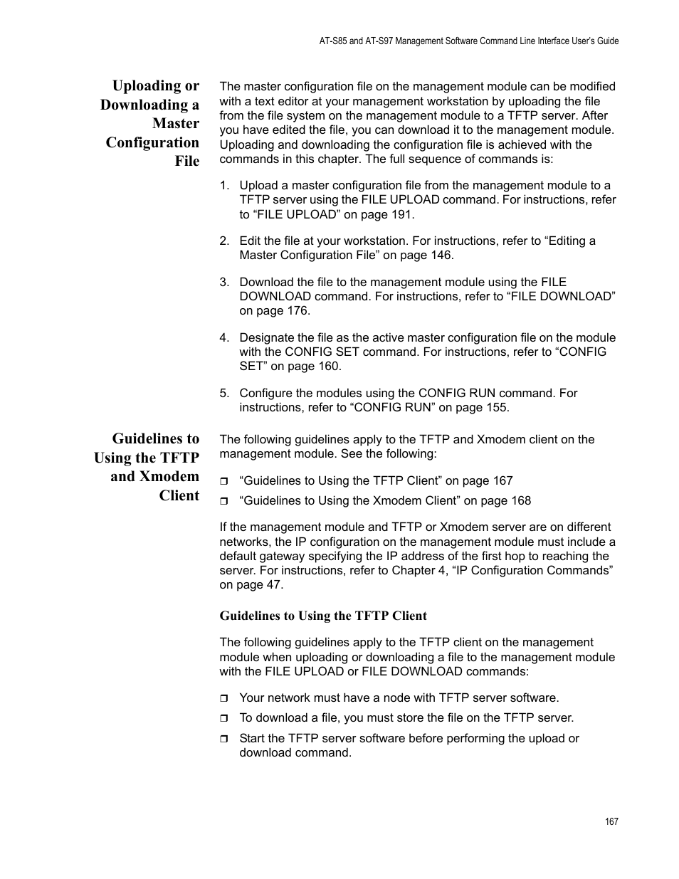 Guidelines to using the tftp and xmodem client | Allied Telesis AT-S97 User Manual | Page 167 / 254