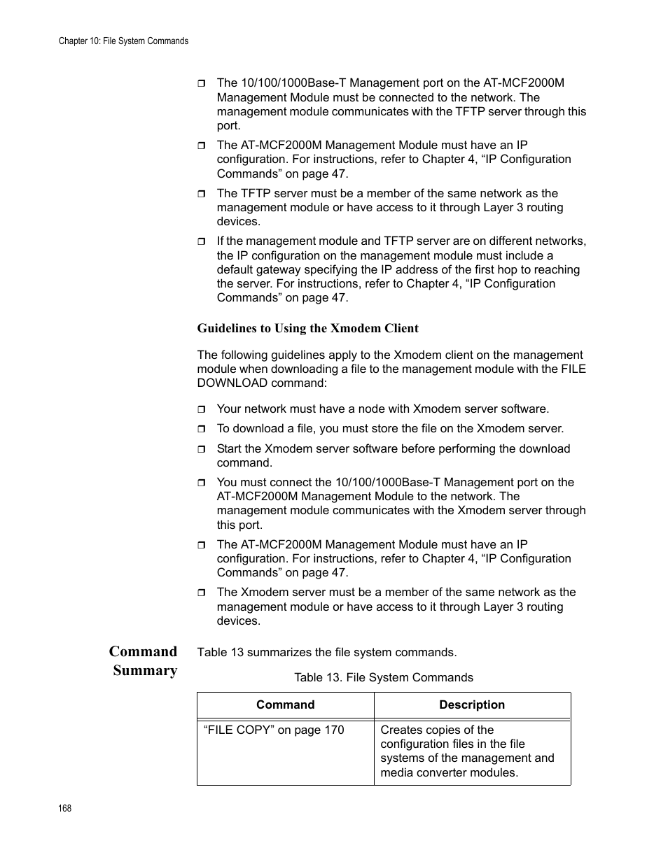 Command summary, Table 13: file system commands | Allied Telesis AT-S97 User Manual | Page 168 / 254