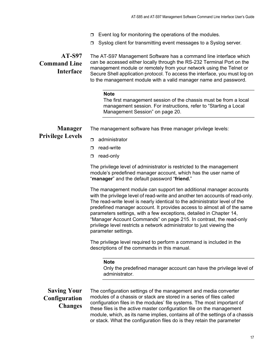 At-s97 command line interface, Manager privilege levels, Saving your configuration changes | Allied Telesis AT-S97 User Manual | Page 17 / 254