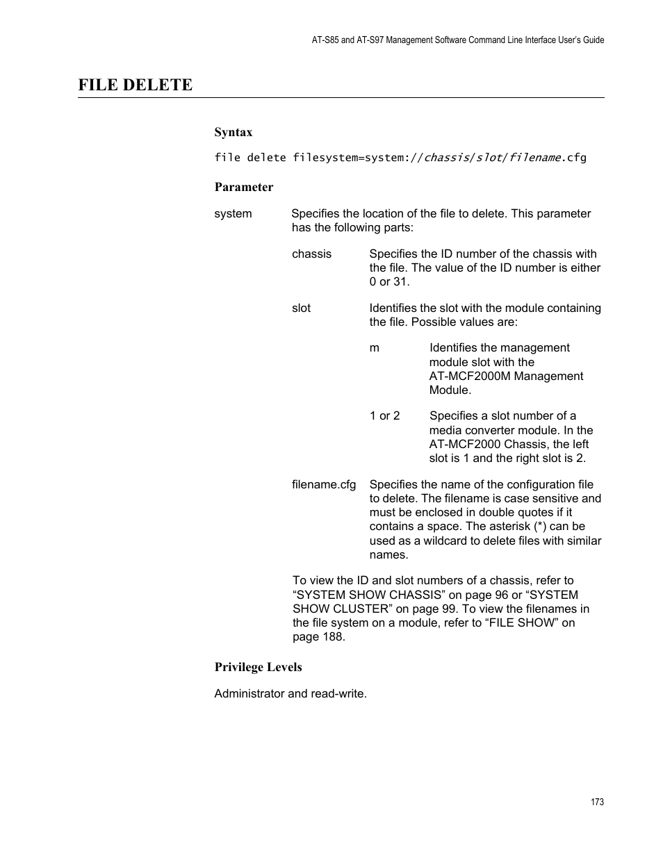 File delete | Allied Telesis AT-S97 User Manual | Page 173 / 254