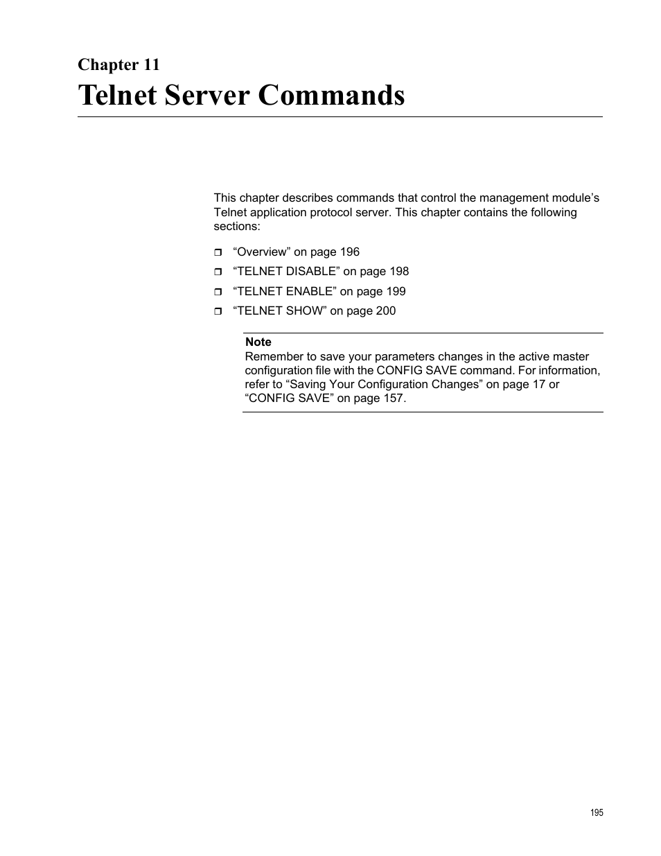 Chapter 11, Telnet server commands, Chapter 11: telnet server commands | Allied Telesis AT-S97 User Manual | Page 195 / 254