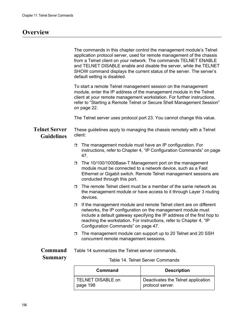 Overview, Telnet server guidelines, Command summary | Telnet server guidelines command summary, Table 14: telnet server commands | Allied Telesis AT-S97 User Manual | Page 196 / 254