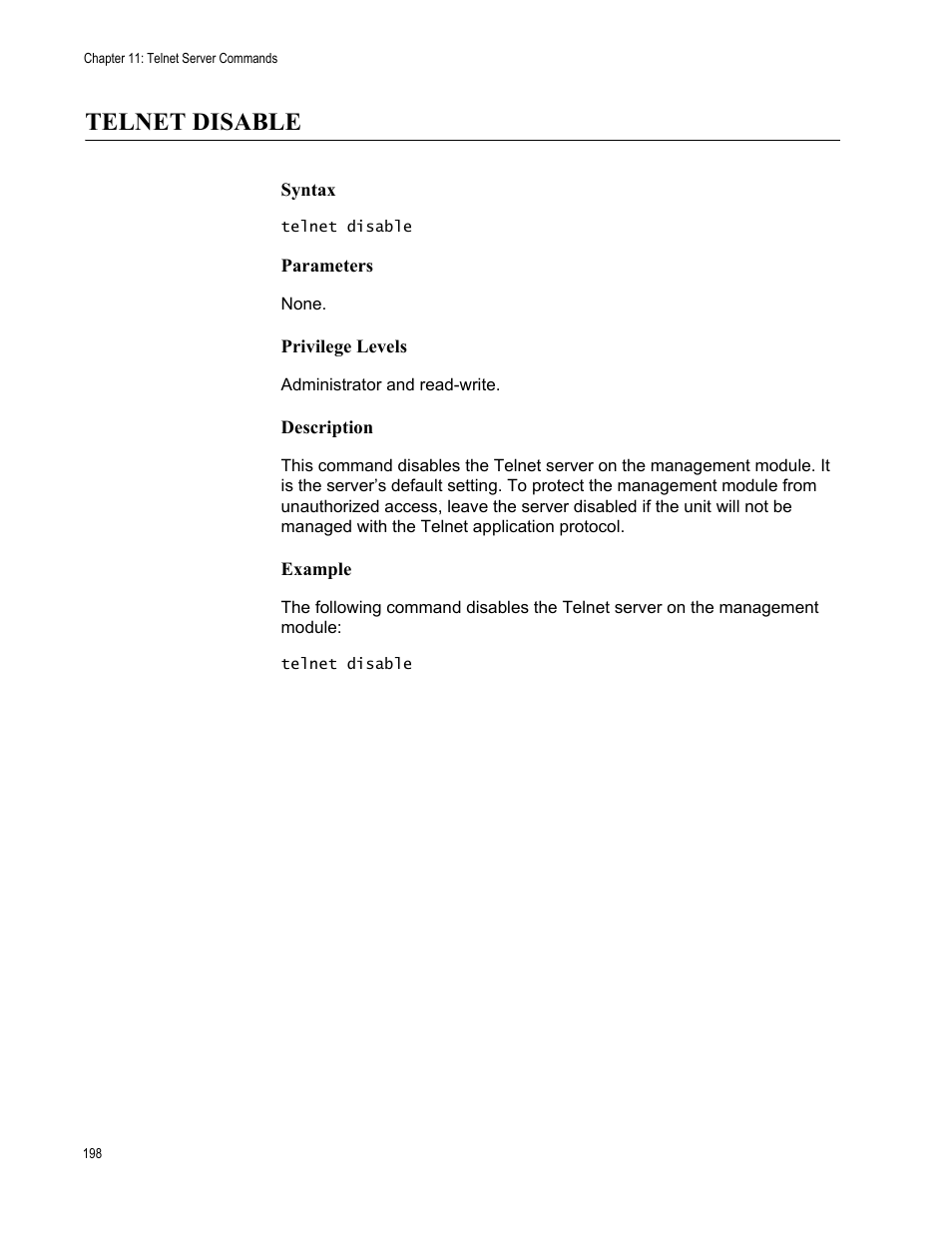 Telnet disable | Allied Telesis AT-S97 User Manual | Page 198 / 254