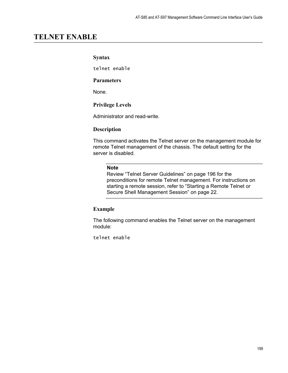 Telnet enable | Allied Telesis AT-S97 User Manual | Page 199 / 254