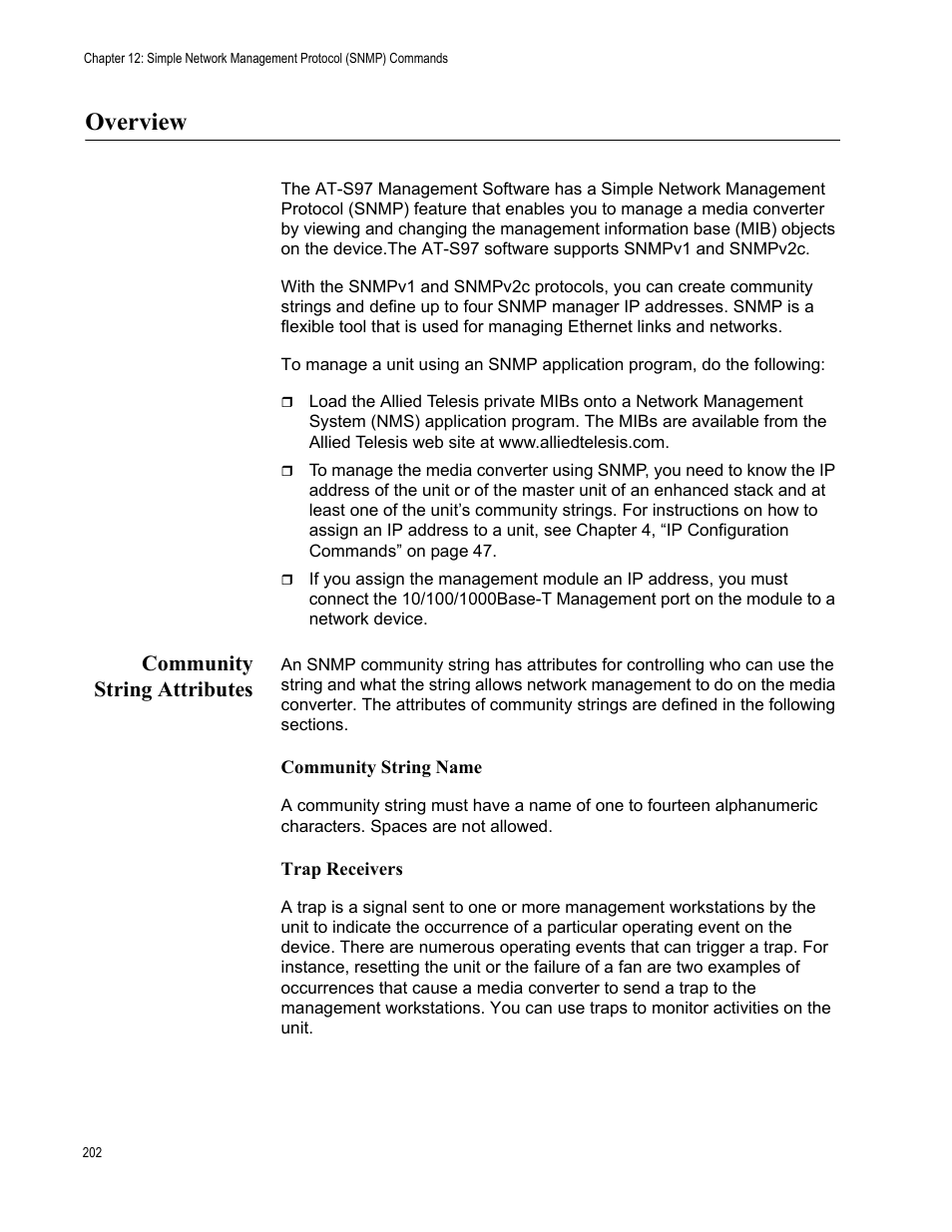 Overview, Community string attributes | Allied Telesis AT-S97 User Manual | Page 202 / 254