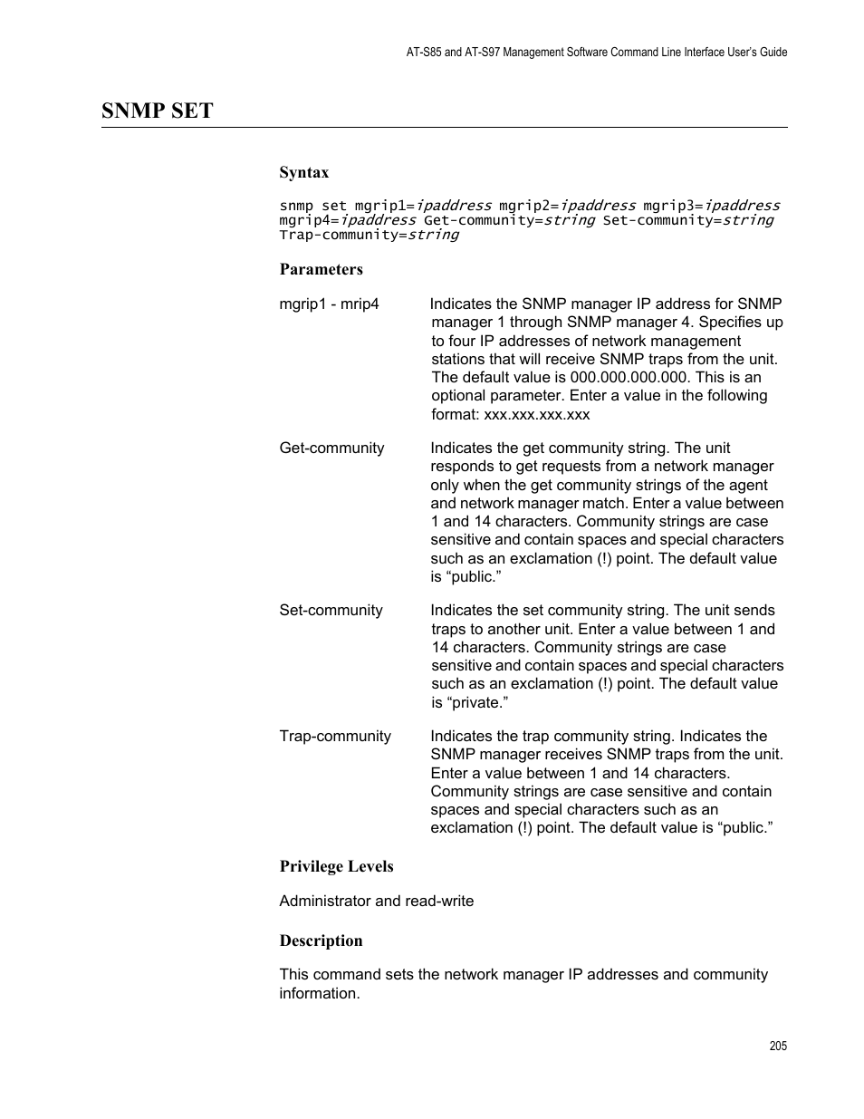 Snmp set | Allied Telesis AT-S97 User Manual | Page 205 / 254