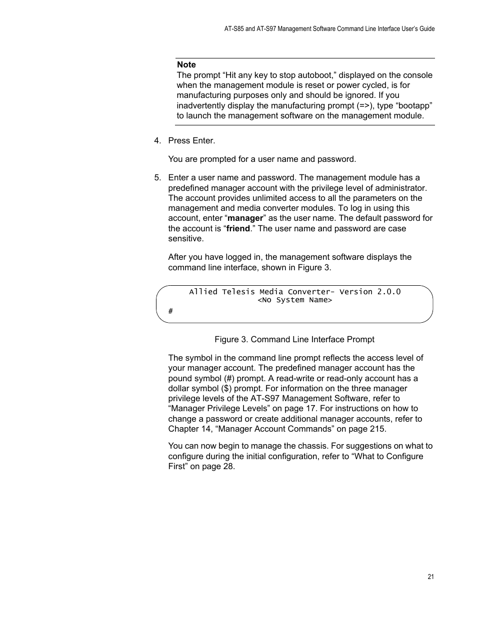 Figure 3: command line interface prompt | Allied Telesis AT-S97 User Manual | Page 21 / 254