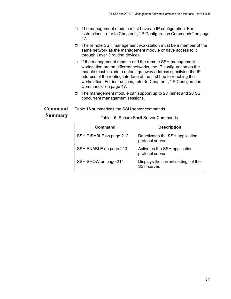 Command summary, Table 16: secure shell server commands | Allied Telesis AT-S97 User Manual | Page 211 / 254