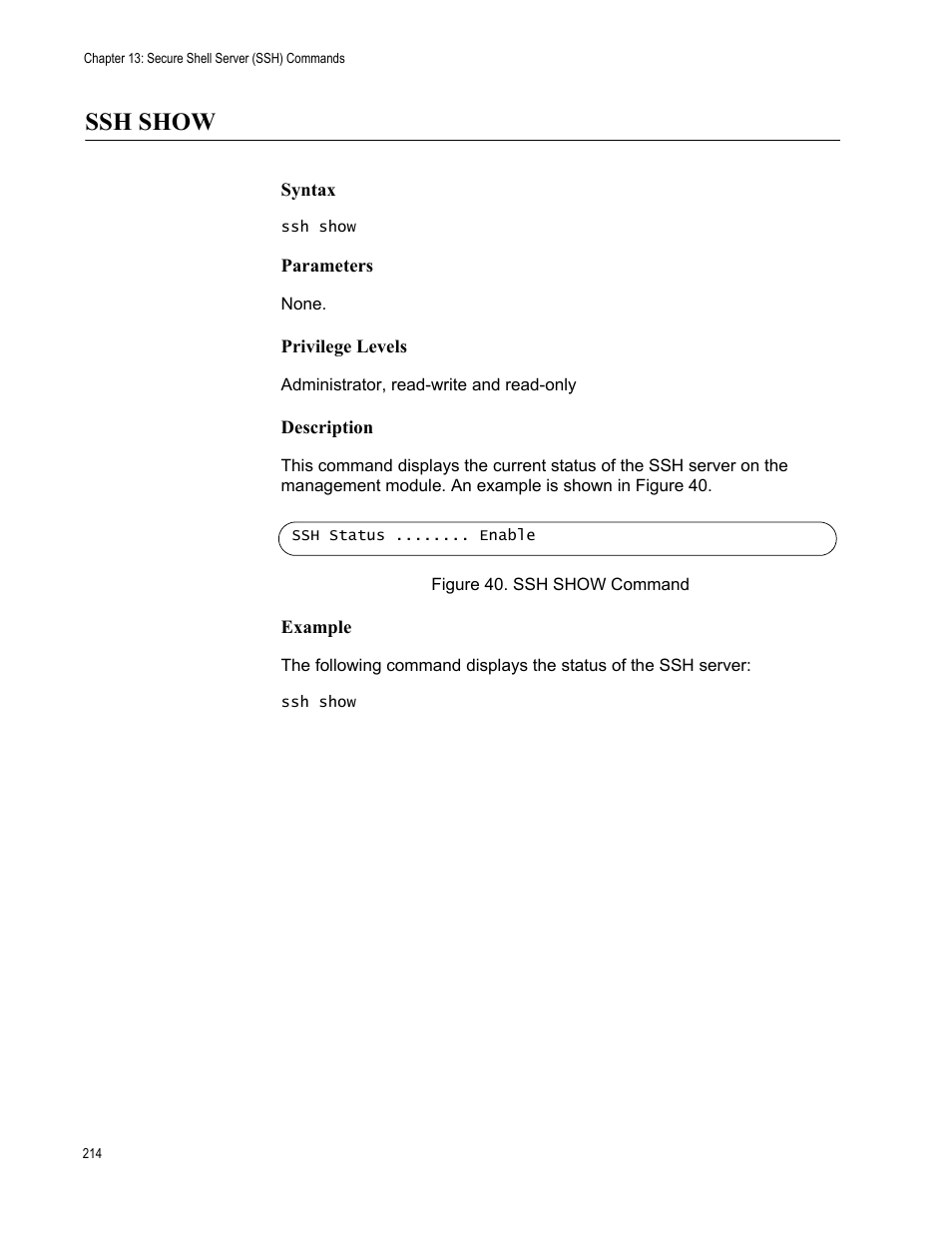 Ssh show, Figure 40: ssh show command | Allied Telesis AT-S97 User Manual | Page 214 / 254