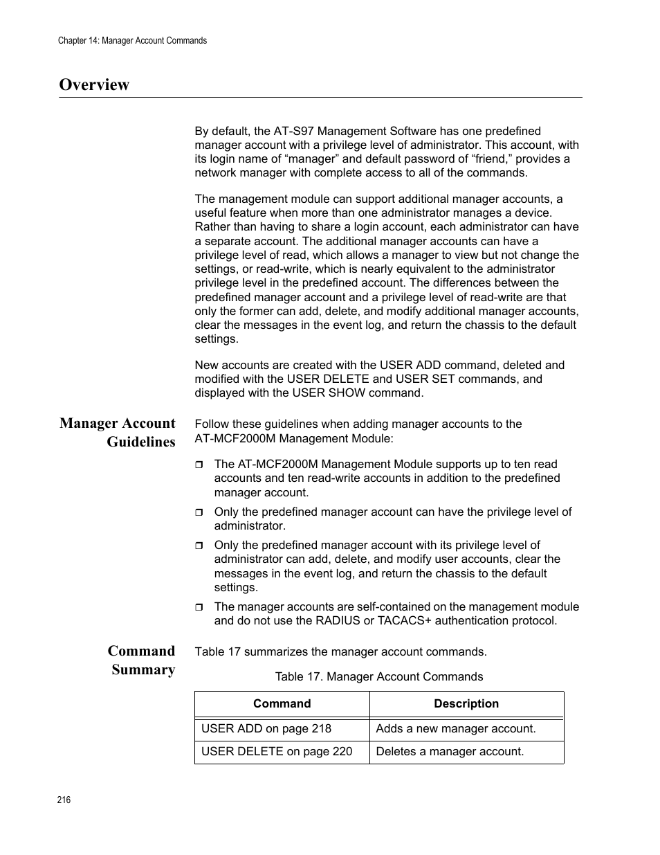 Overview, Manager account guidelines, Command summary | Manager account guidelines command summary, Table 17: manager account commands | Allied Telesis AT-S97 User Manual | Page 216 / 254