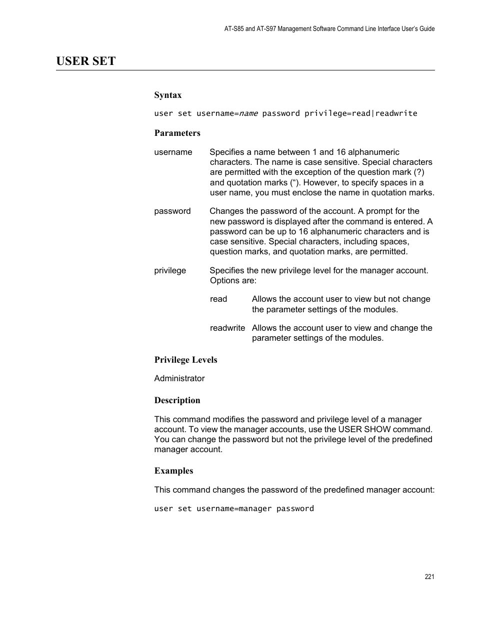 User set | Allied Telesis AT-S97 User Manual | Page 221 / 254