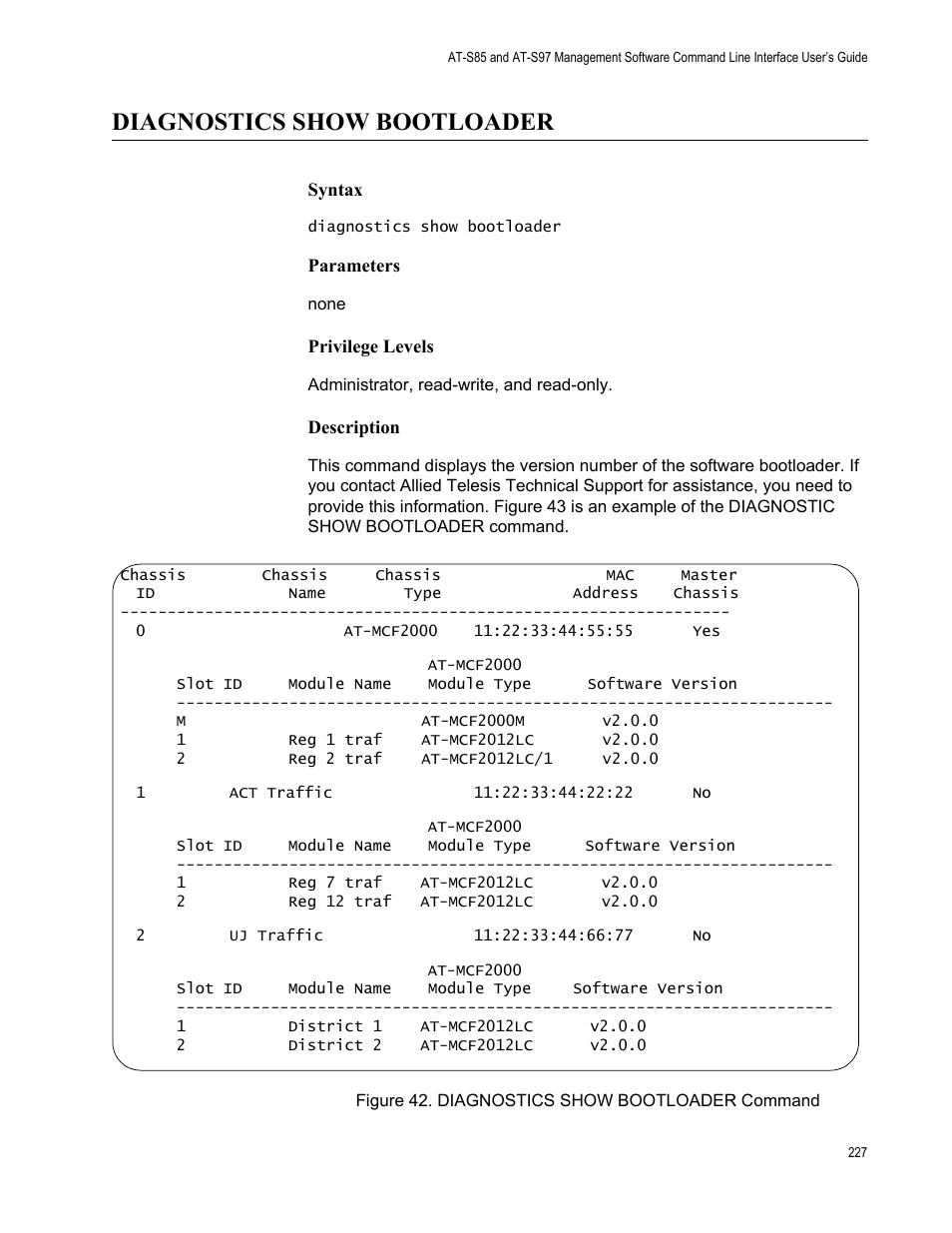Diagnostics show bootloader, Figure 42: diagnostics show bootloader command | Allied Telesis AT-S97 User Manual | Page 227 / 254