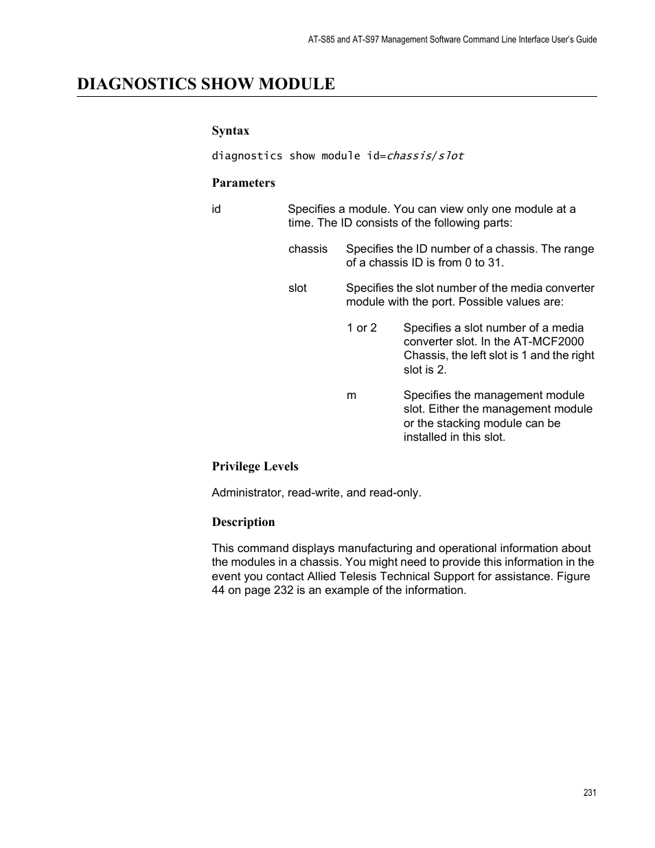 Diagnostics show module | Allied Telesis AT-S97 User Manual | Page 231 / 254