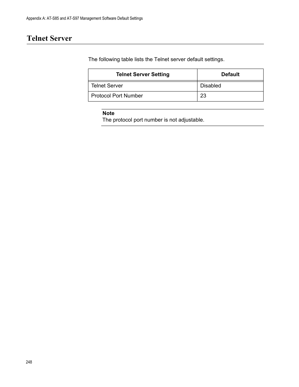 Telnet server | Allied Telesis AT-S97 User Manual | Page 248 / 254