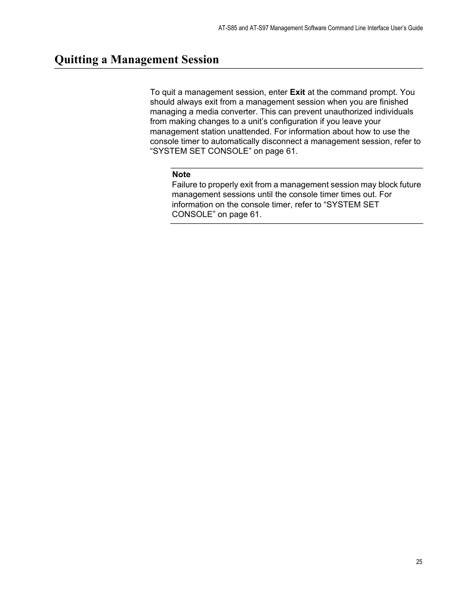 Quitting a management session | Allied Telesis AT-S97 User Manual | Page 25 / 254