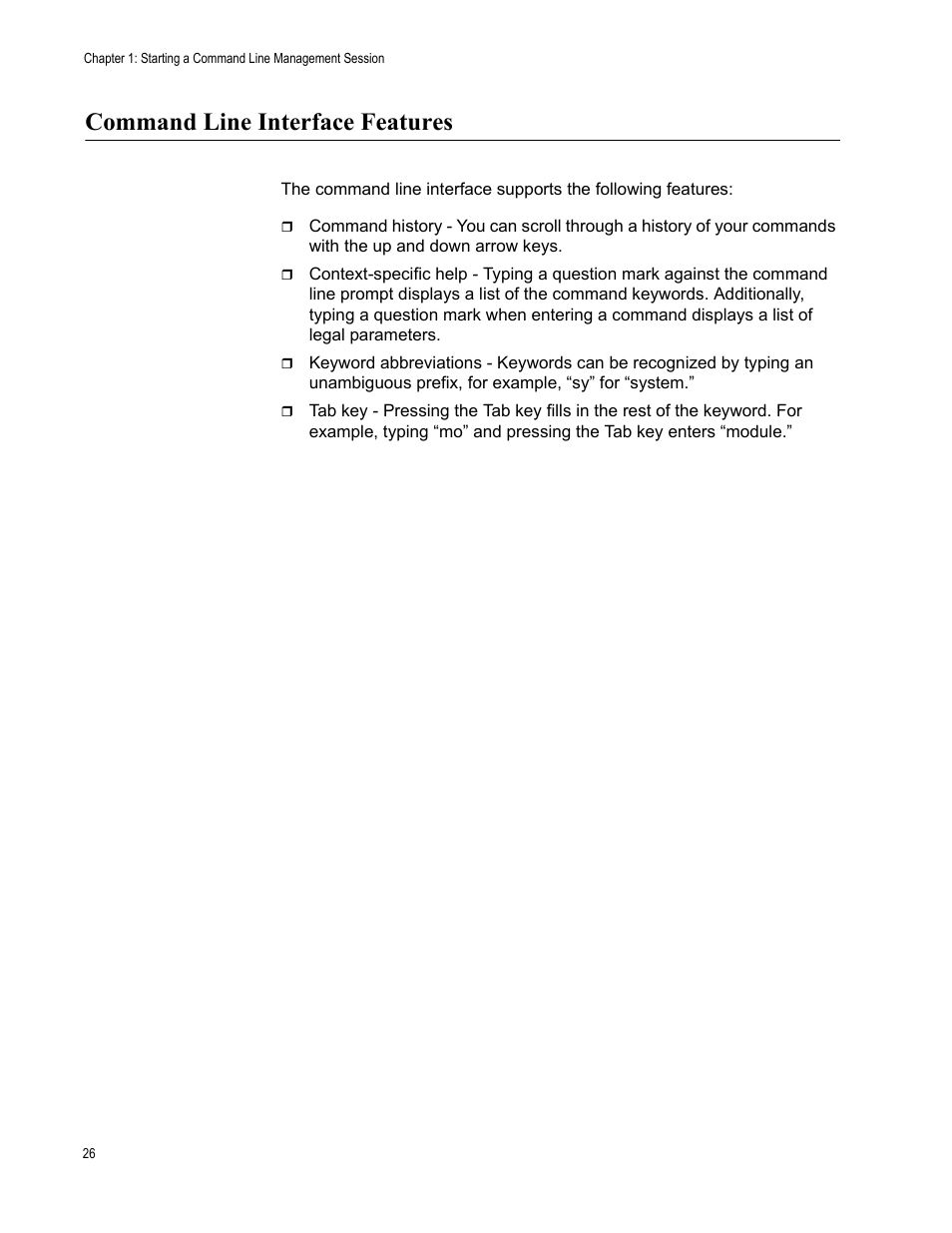 Command line interface features | Allied Telesis AT-S97 User Manual | Page 26 / 254