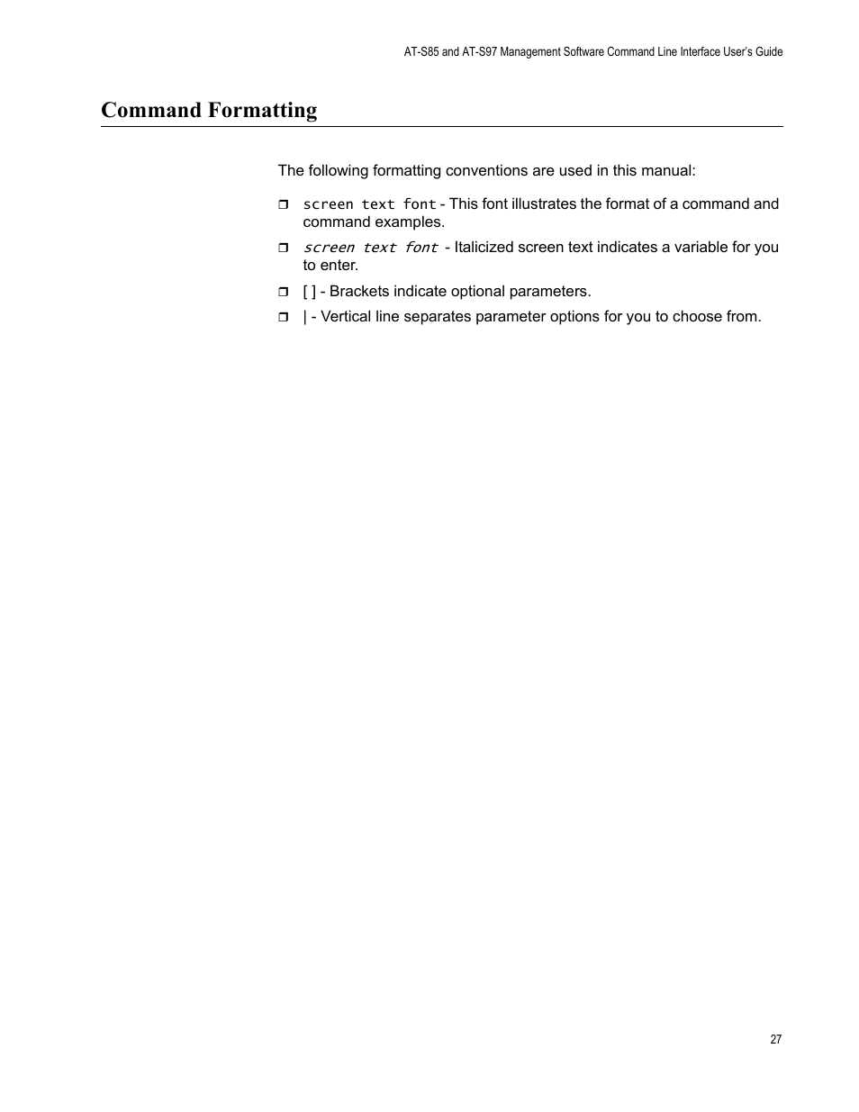 Command formatting | Allied Telesis AT-S97 User Manual | Page 27 / 254