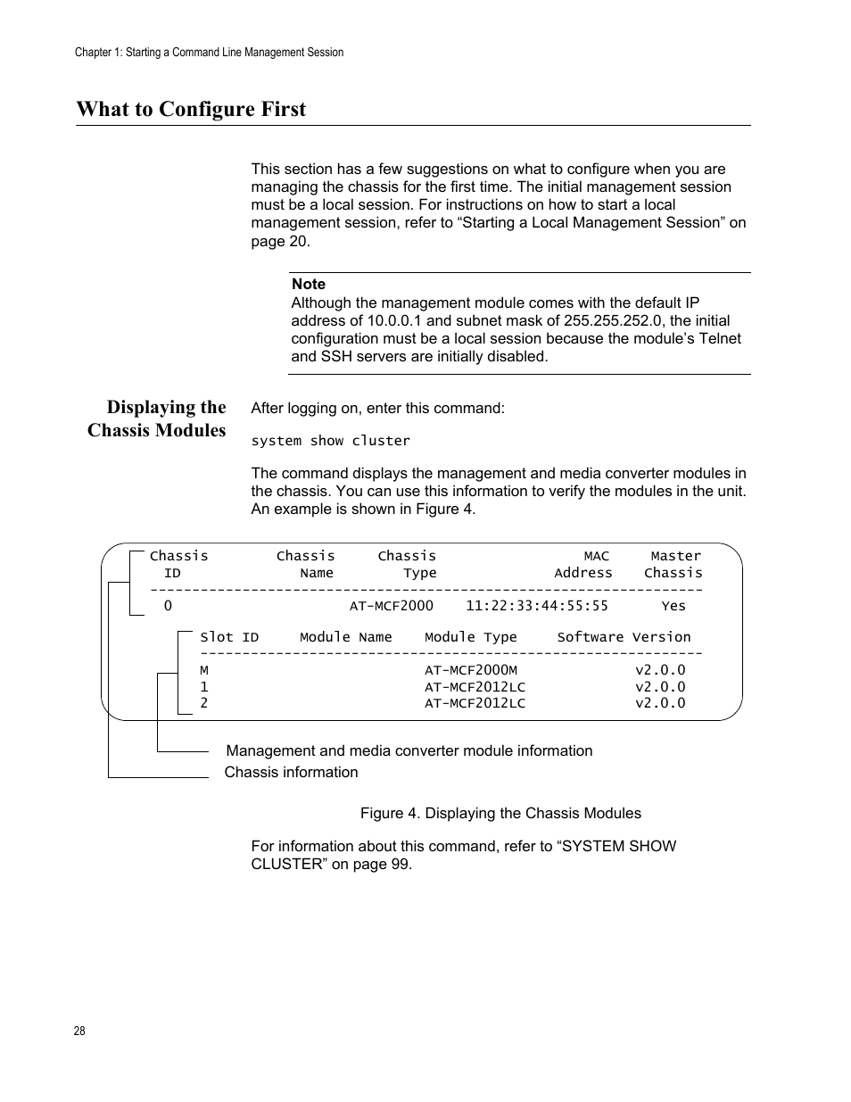 What to configure first, Displaying the chassis modules, Figure 4: displaying the chassis modules | Allied Telesis AT-S97 User Manual | Page 28 / 254