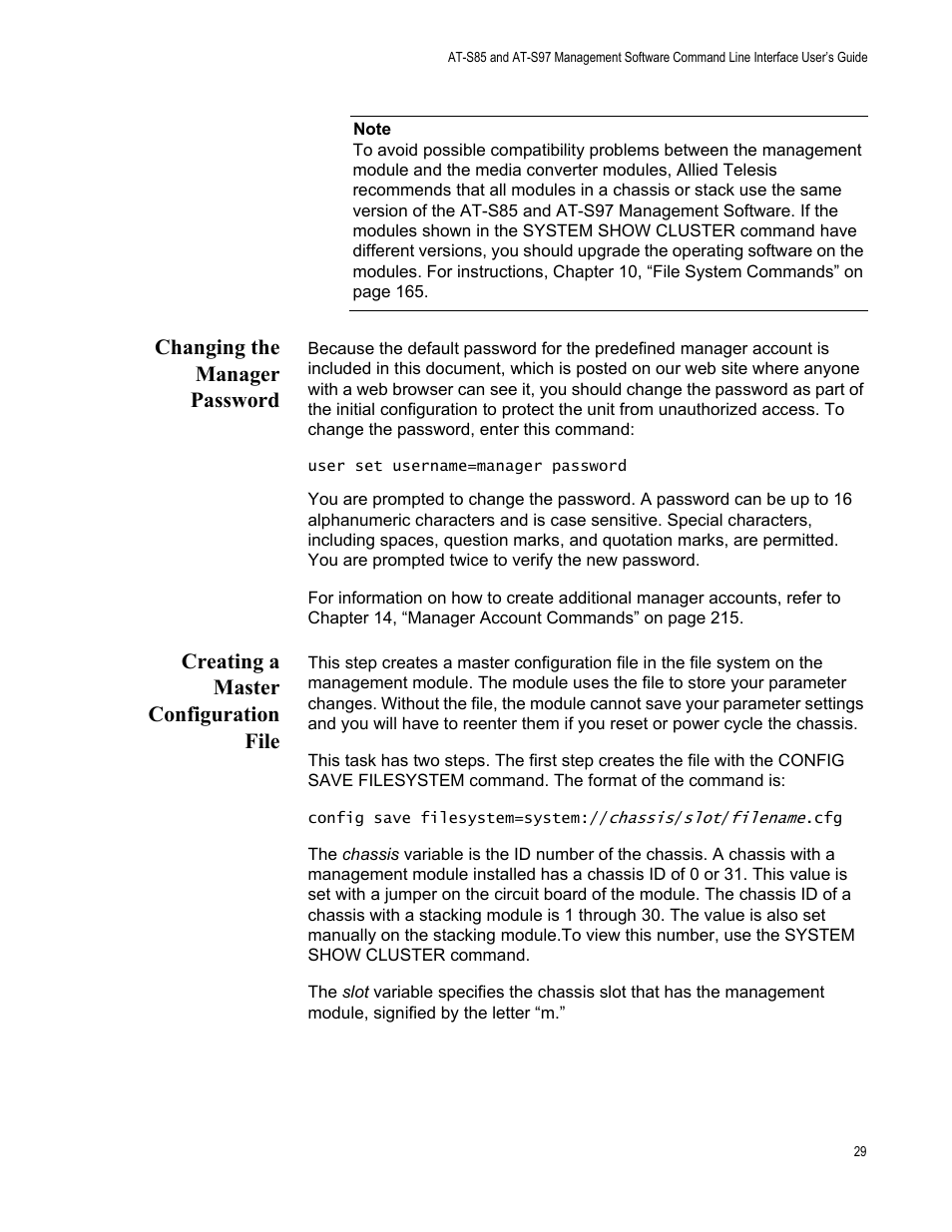 Changing the manager password, Creating a master configuration file | Allied Telesis AT-S97 User Manual | Page 29 / 254