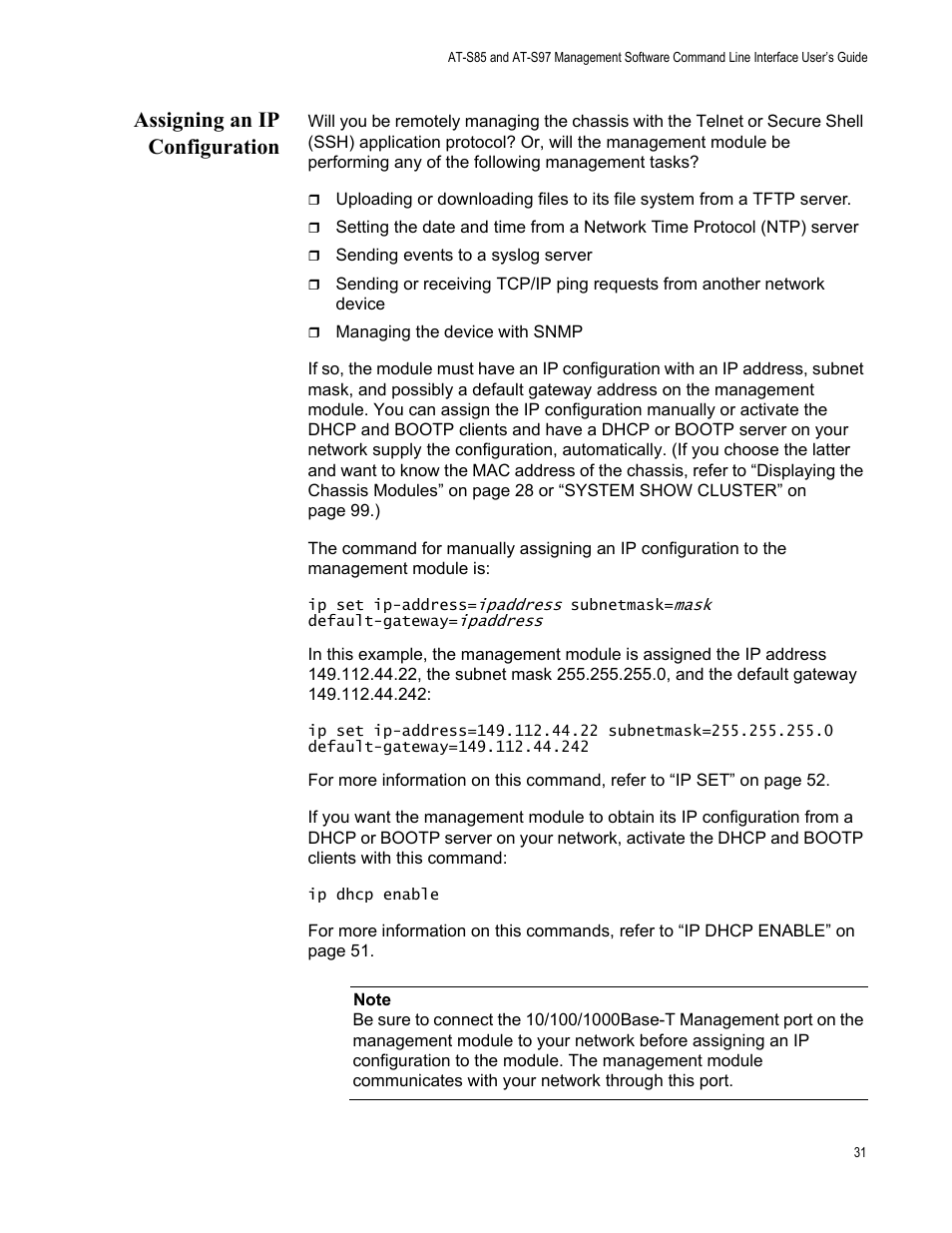 Assigning an ip configuration | Allied Telesis AT-S97 User Manual | Page 31 / 254