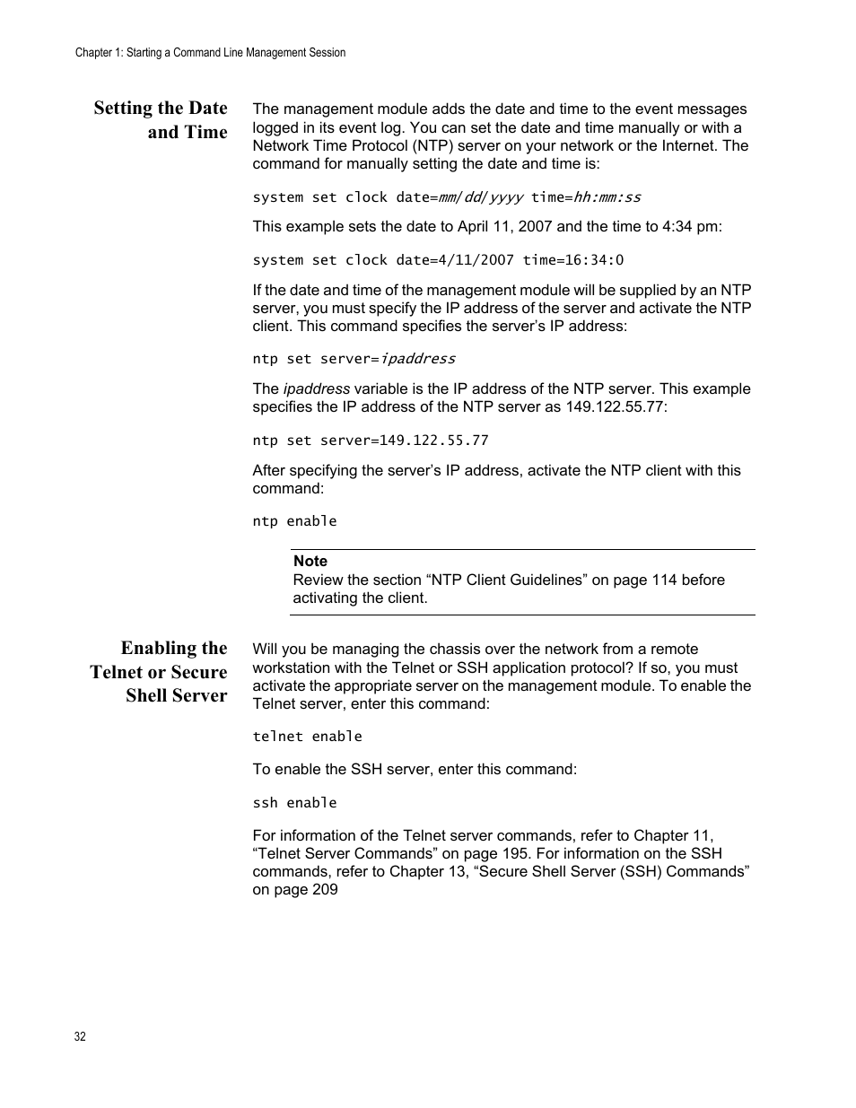 Setting the date and time, Enabling the telnet or secure shell server | Allied Telesis AT-S97 User Manual | Page 32 / 254