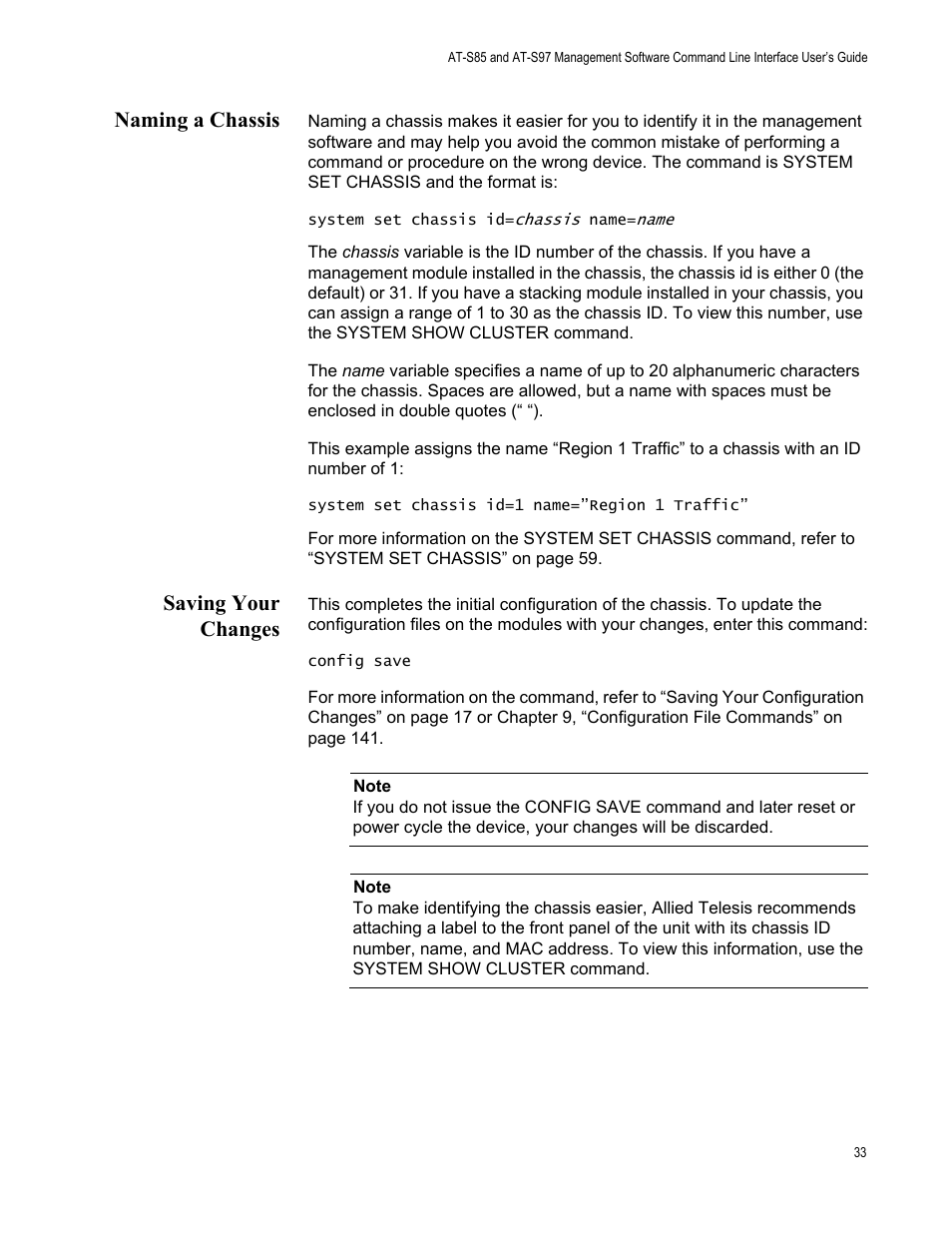 Naming a chassis, Saving your changes, Naming a chassis saving your changes | Allied Telesis AT-S97 User Manual | Page 33 / 254