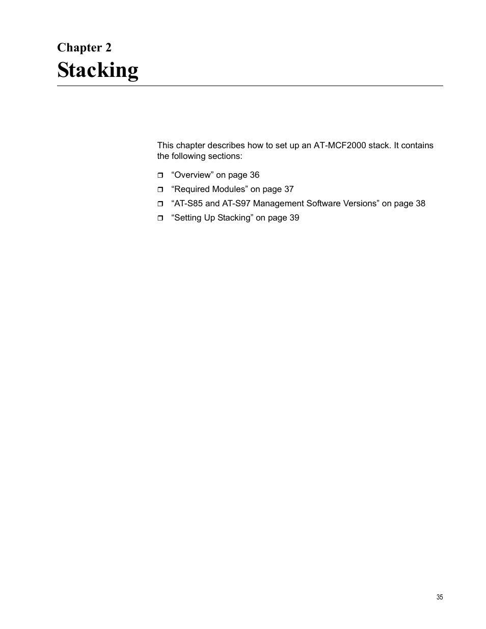Chapter 2, Stacking, R 2: stacking | Allied Telesis AT-S97 User Manual | Page 35 / 254