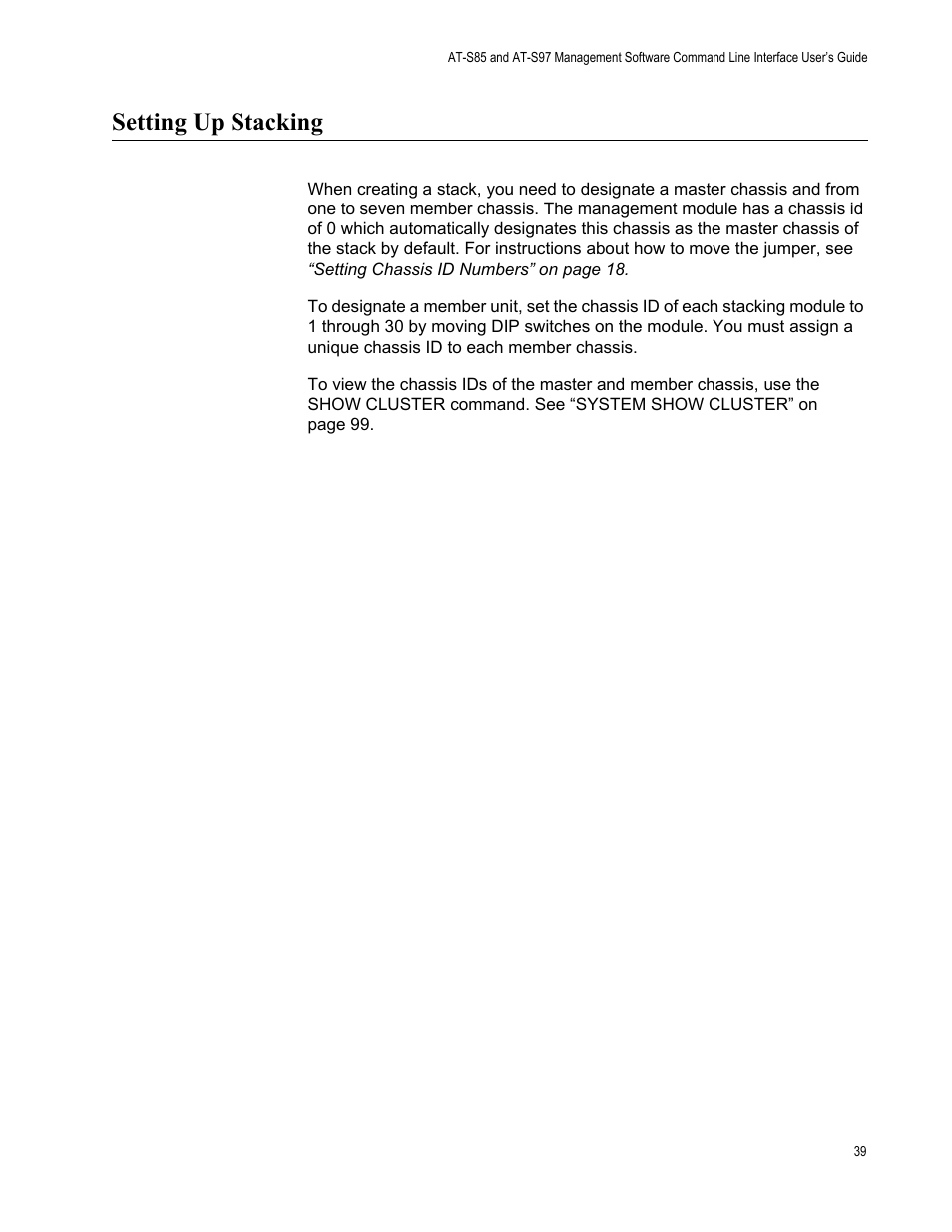Setting up stacking | Allied Telesis AT-S97 User Manual | Page 39 / 254
