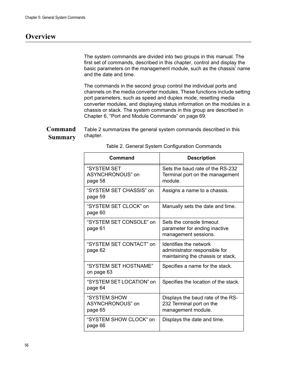 Overview, Command summary, Table 2: general system configuration commands | Allied Telesis AT-S97 User Manual | Page 56 / 254