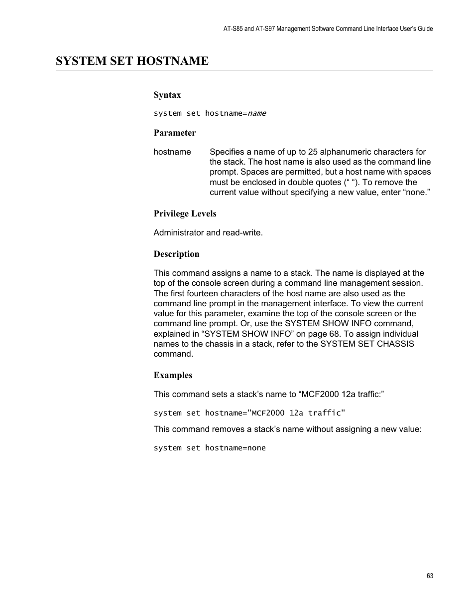 System set hostname | Allied Telesis AT-S97 User Manual | Page 63 / 254