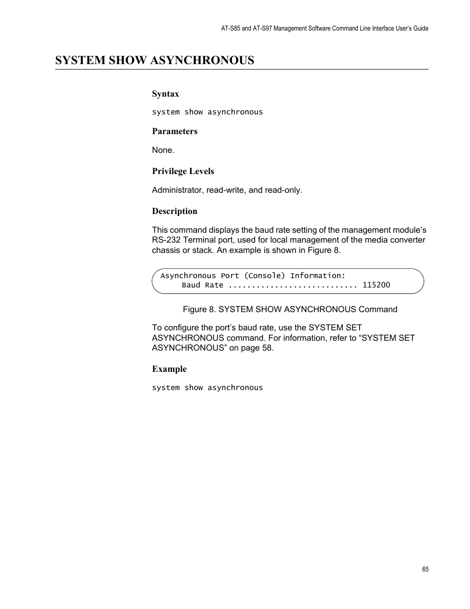 System show asynchronous, Figure 8: system show asynchronous command | Allied Telesis AT-S97 User Manual | Page 65 / 254