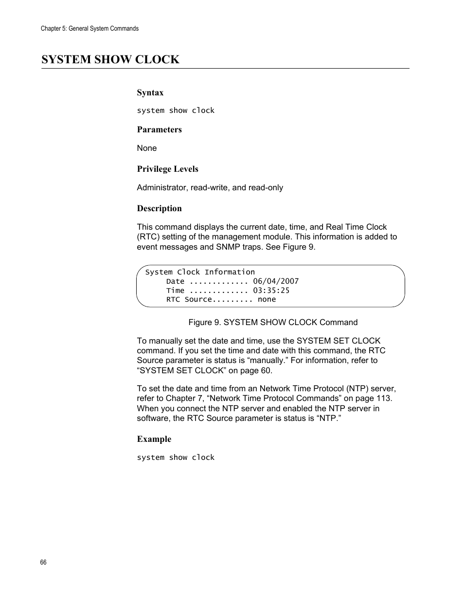 System show clock, Figure 9: system show clock command | Allied Telesis AT-S97 User Manual | Page 66 / 254