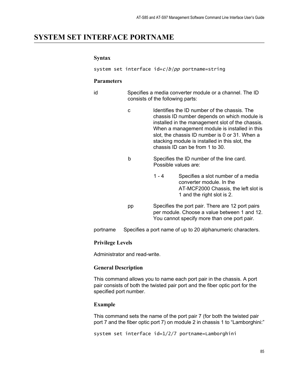 System set interface portname | Allied Telesis AT-S97 User Manual | Page 85 / 254