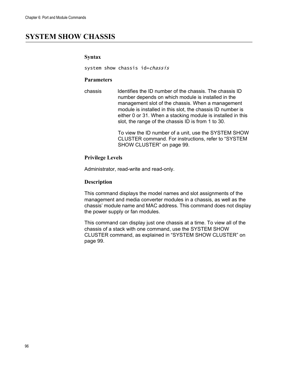 System show chassis | Allied Telesis AT-S97 User Manual | Page 96 / 254