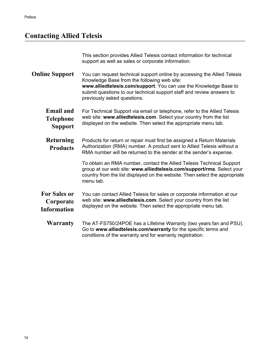 Contacting allied telesis, Online support, Email and telephone support | Returning products, For sales or corporate information, Warranty | Allied Telesis AT-FS750/24POE User Manual | Page 14 / 54