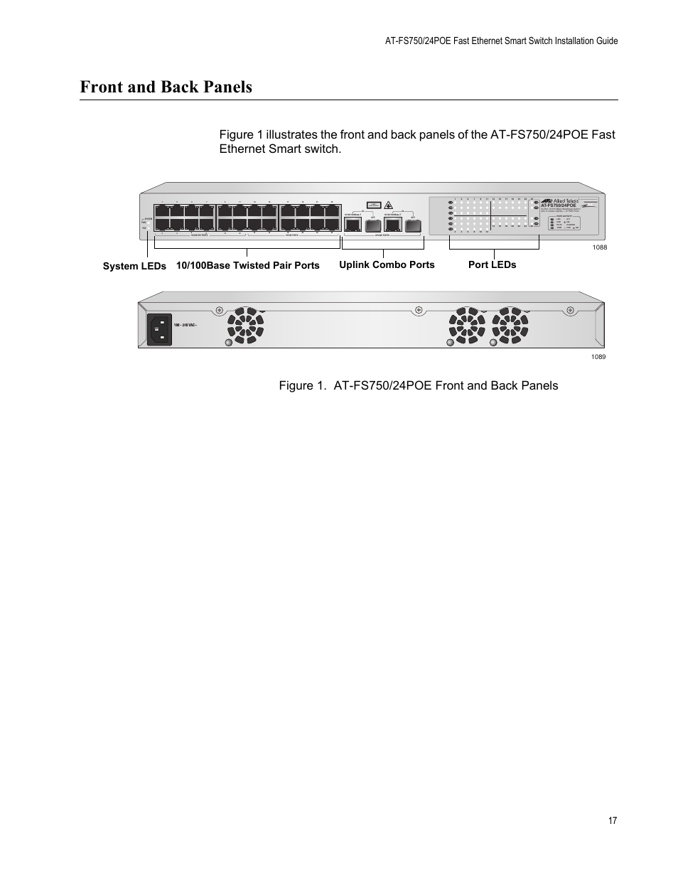 Front and back panels, Figure 2: at-fs750/24poe front and back panels, Class 1 laser product | Allied Telesis AT-FS750/24POE User Manual | Page 17 / 54