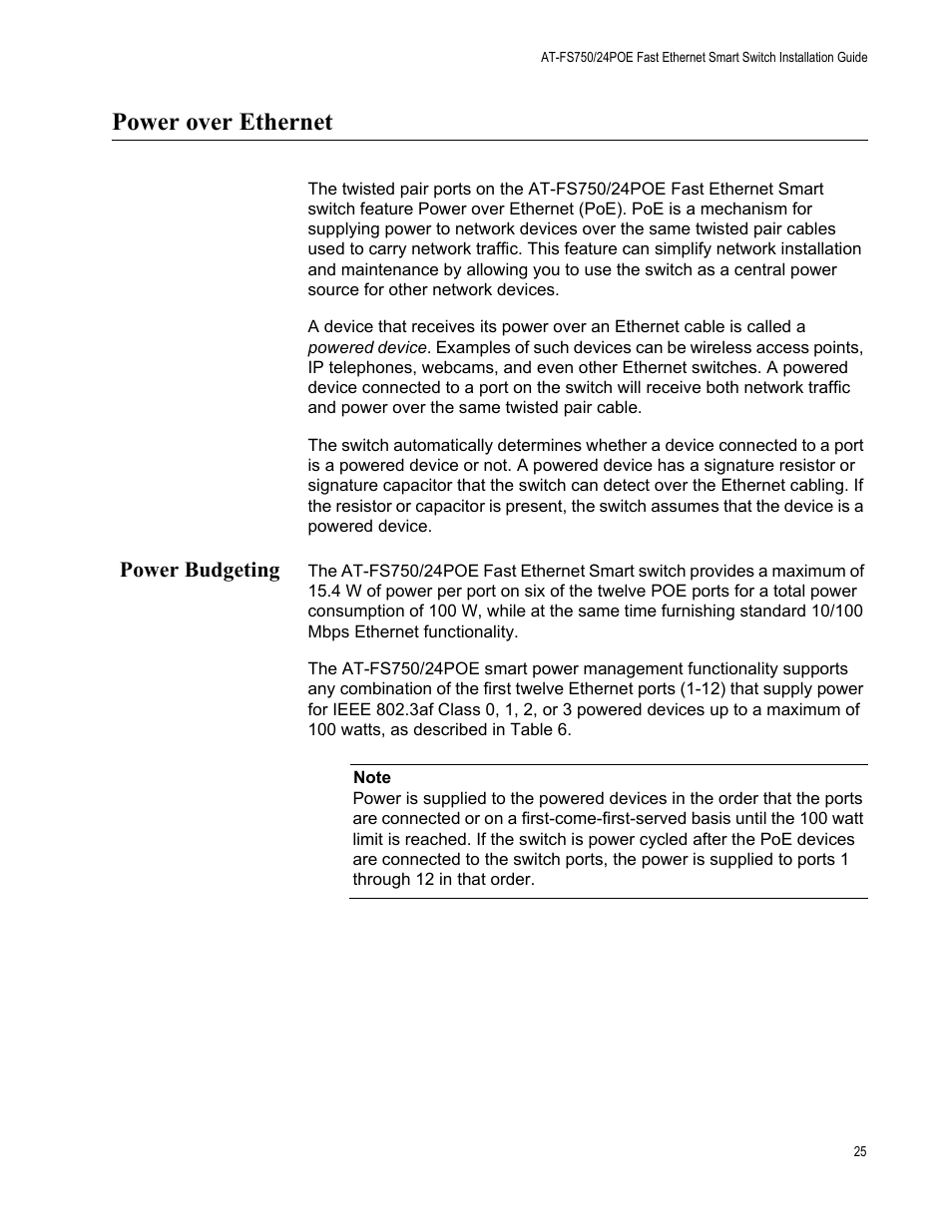 Power over ethernet, Power budgeting | Allied Telesis AT-FS750/24POE User Manual | Page 25 / 54