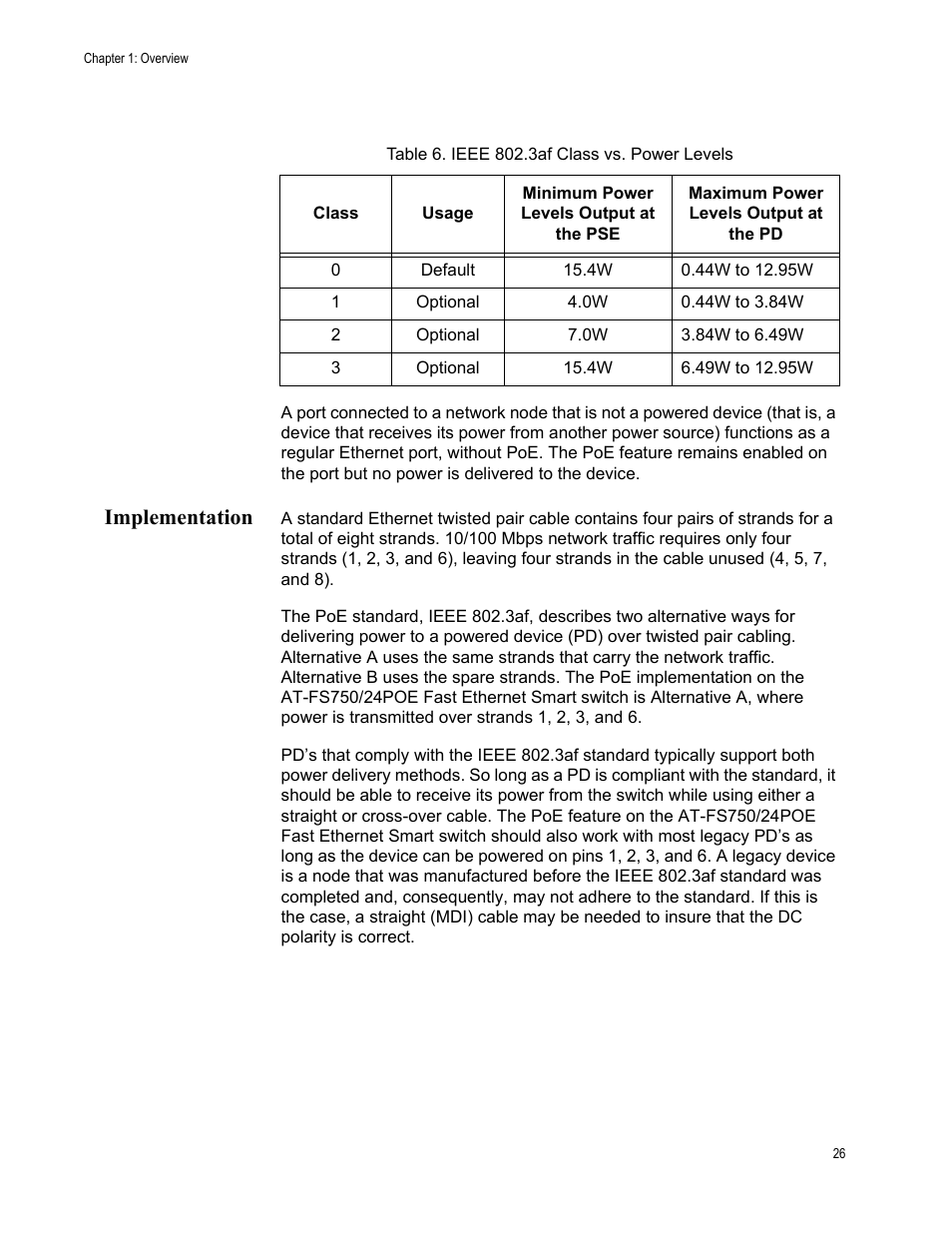 Implementation, Table 6. ieee 802.3af class vs. power levels | Allied Telesis AT-FS750/24POE User Manual | Page 26 / 54