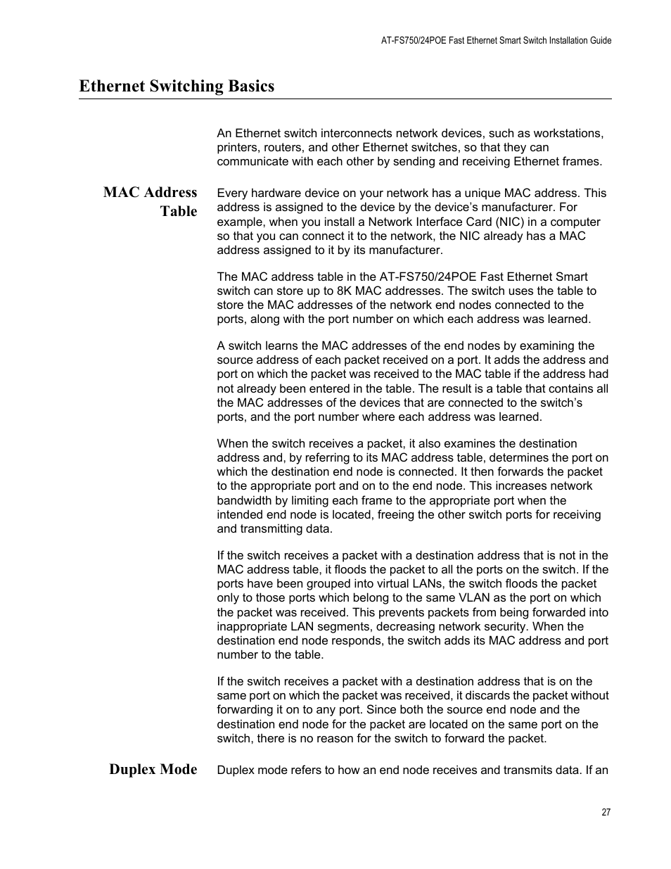 Ethernet switching basics, Mac address table, Duplex mode | Mac address table duplex mode | Allied Telesis AT-FS750/24POE User Manual | Page 27 / 54