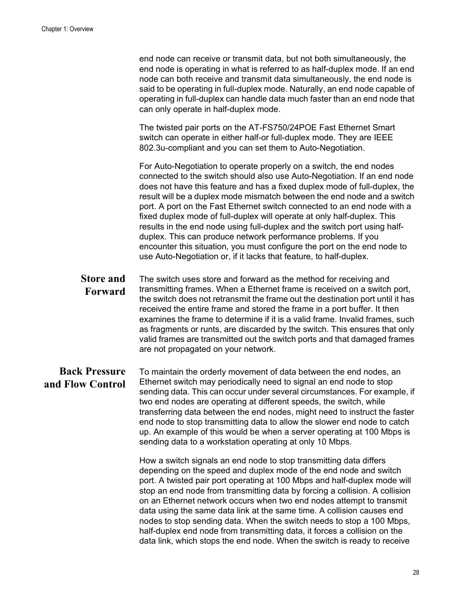 Store and forward, Back pressure and flow control, Store and forward back pressure and flow control | Allied Telesis AT-FS750/24POE User Manual | Page 28 / 54