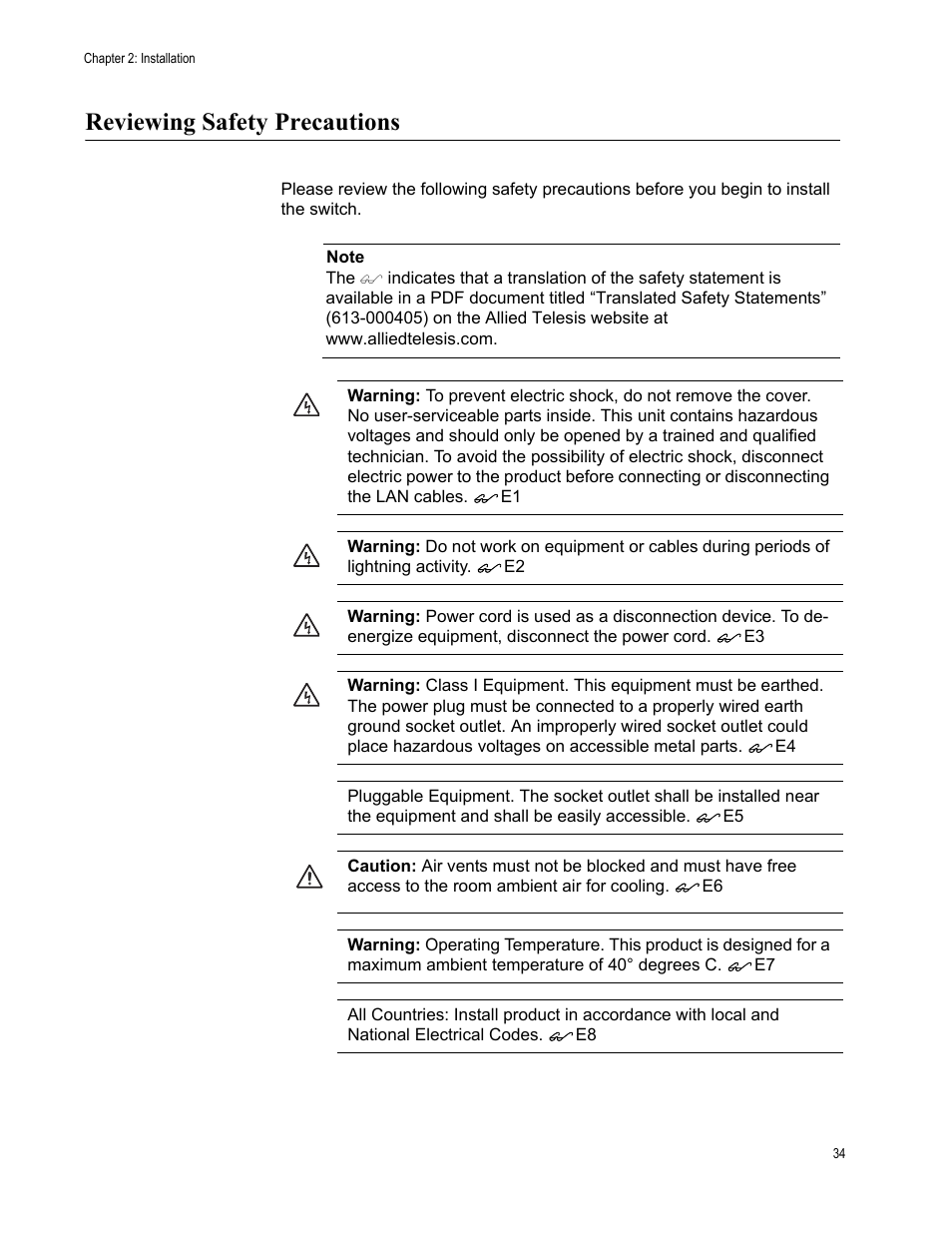 Reviewing safety precautions | Allied Telesis AT-FS750/24POE User Manual | Page 34 / 54