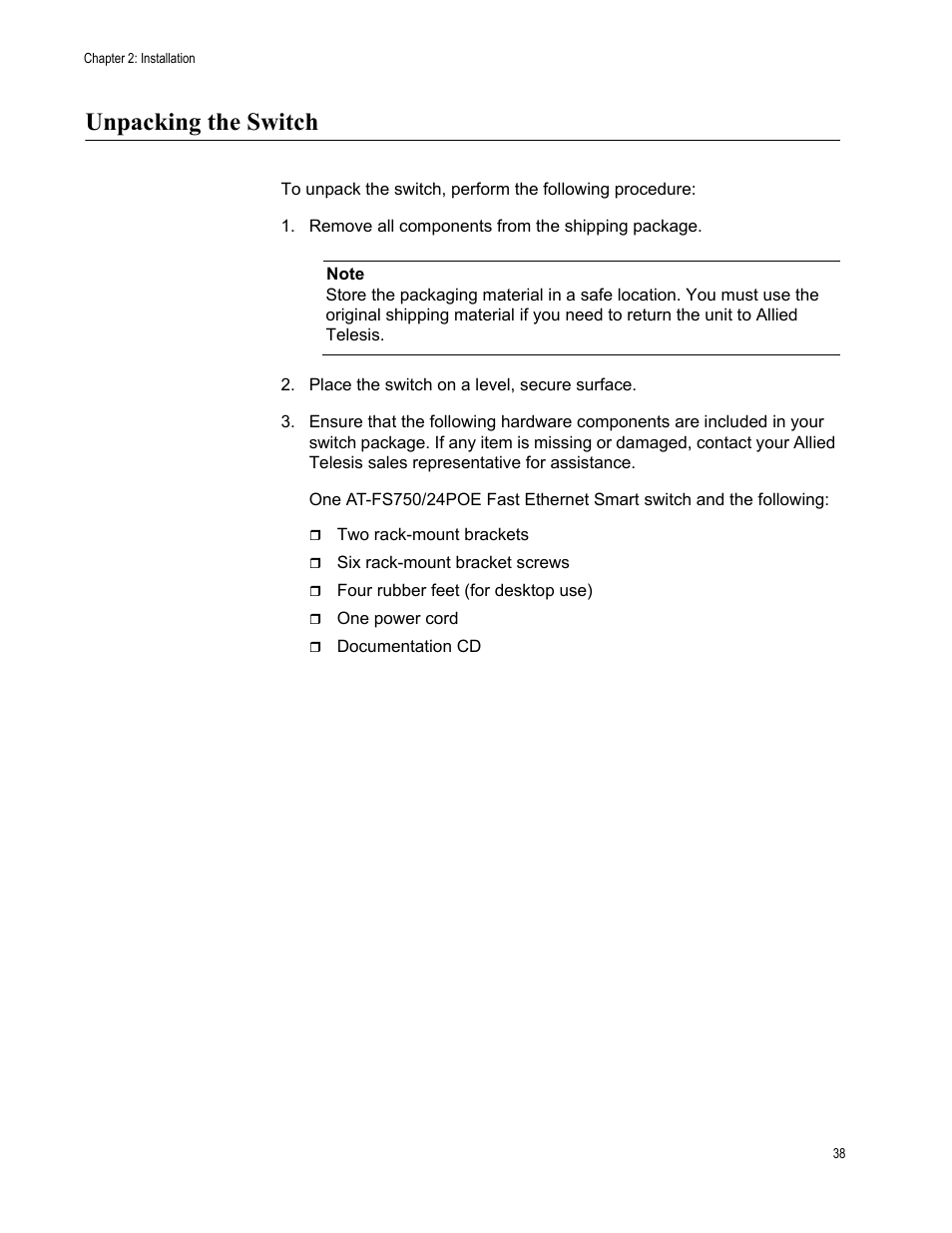 Unpacking the switch | Allied Telesis AT-FS750/24POE User Manual | Page 38 / 54