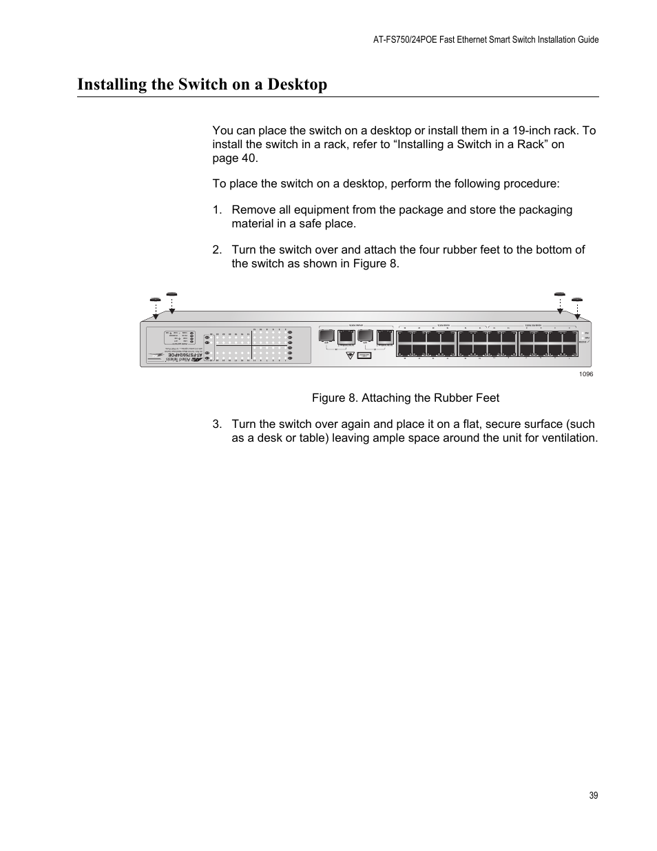Installing the switch on a desktop, Figure 9: attaching the rubber feet, Class 1 laser product | Allied Telesis AT-FS750/24POE User Manual | Page 39 / 54