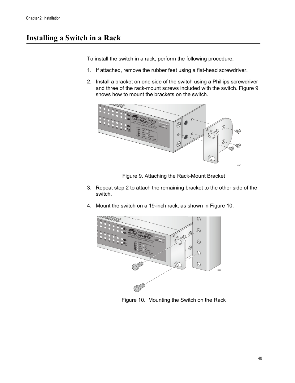 Installing a switch in a rack, Chapter 2: installation 40 | Allied Telesis AT-FS750/24POE User Manual | Page 40 / 54