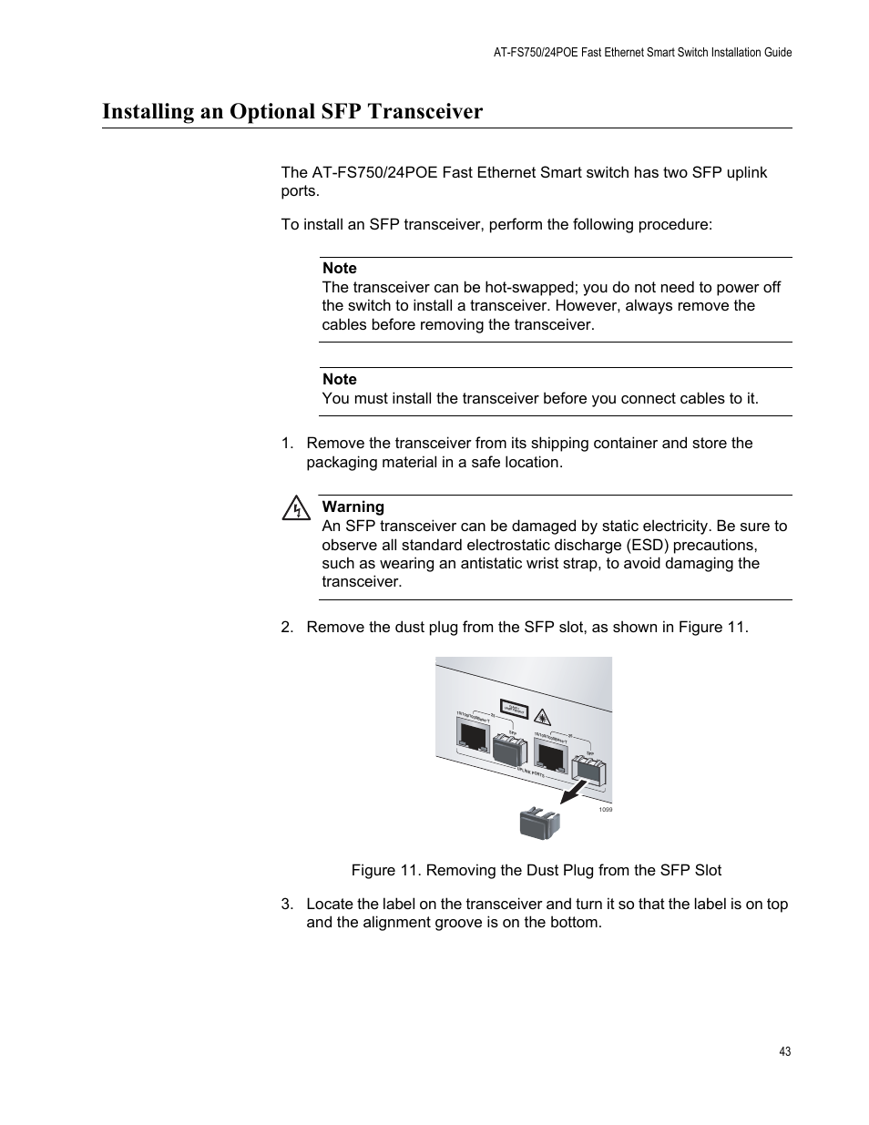 Installing an optional sfp transceiver | Allied Telesis AT-FS750/24POE User Manual | Page 43 / 54