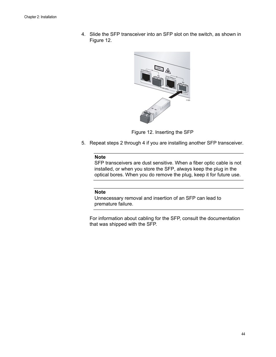 Figure 13: inserting the sfp, Chapter 2: installation 44 | Allied Telesis AT-FS750/24POE User Manual | Page 44 / 54