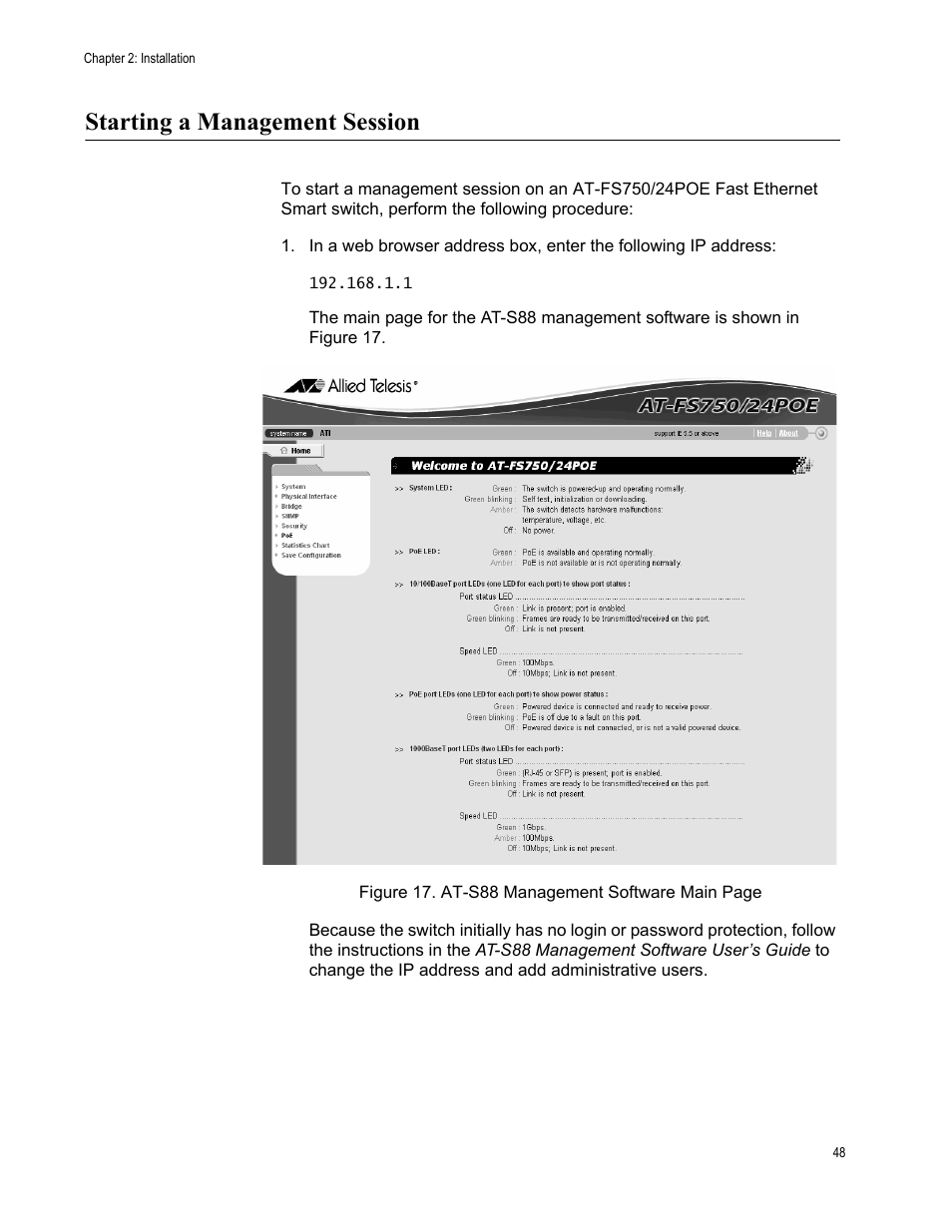 Starting a management session | Allied Telesis AT-FS750/24POE User Manual | Page 48 / 54