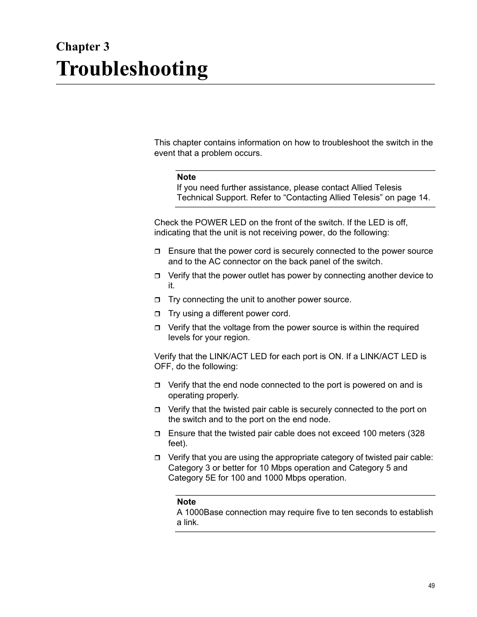 Chapter 3, Troubleshooting, R 3: troubleshooting | Allied Telesis AT-FS750/24POE User Manual | Page 49 / 54
