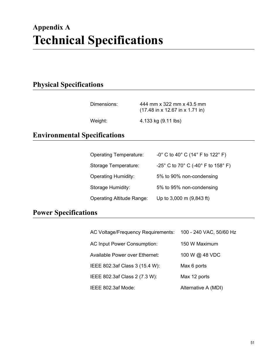 Appendix a, Technical specifications, Physical specifications | Environmental specifications, Power specifications, Appendix a: technical specifications | Allied Telesis AT-FS750/24POE User Manual | Page 51 / 54